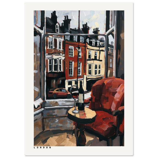 An impressionistic painting of a cozy red armchair beside a small round table holding a wine glass and bottle, set by a large window overlooking classic London townhouses bathed in soft daylight.