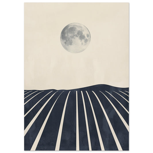 A minimalist art print featuring a large moon above a stylised, dark navy landscape with evenly spaced white lines resembling crop rows or rays, creating a serene and modern nightscape.