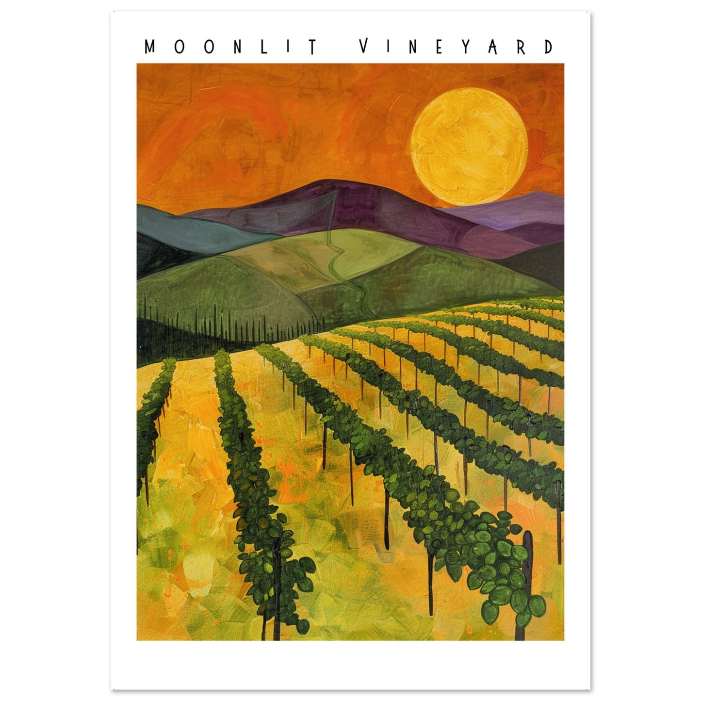 A colorful painting of a vineyard under a glowing full moon, with rows of grapevines stretching across rolling green hills beneath a warm orange sky.