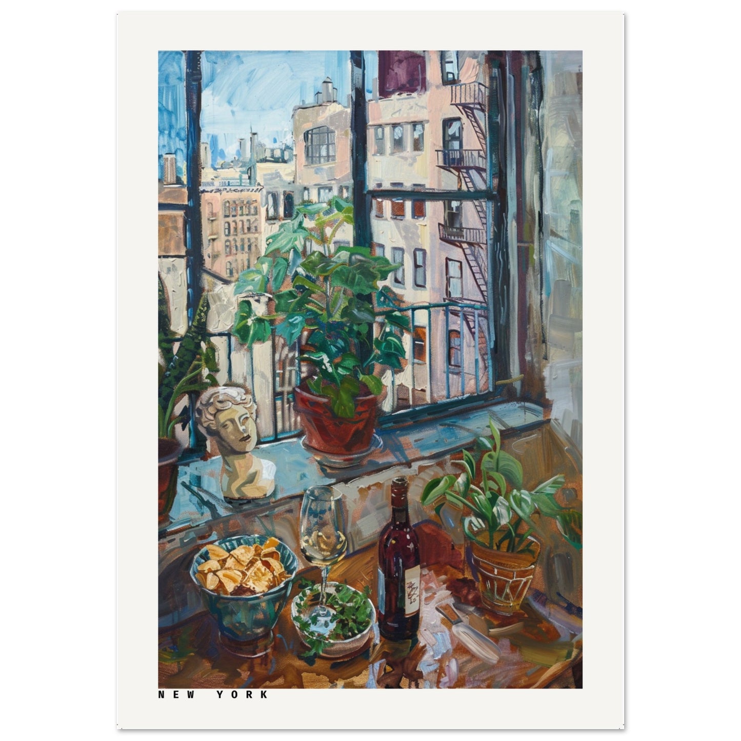 A colourful painting of a New York apartment windowsill featuring potted plants, a bust sculpture, a wine bottle, and a glass, overlooking classic city buildings.