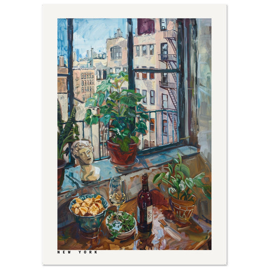A colourful painting of a New York apartment windowsill featuring potted plants, a bust sculpture, a wine bottle, and a glass, overlooking classic city buildings.