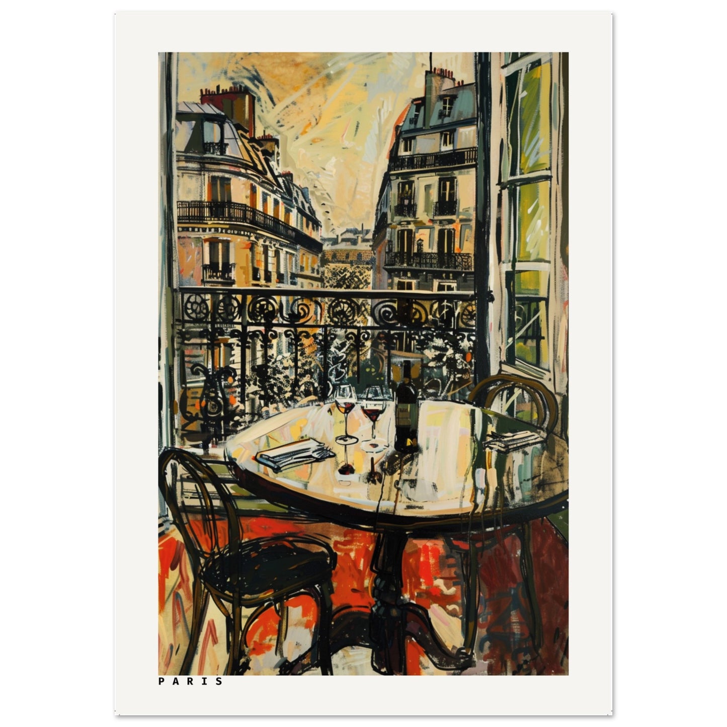 A vibrant painting of a Parisian balcony with a round wooden table set for two, featuring wine glasses, books, and a bottle of wine, overlooking elegant city buildings at sunset.