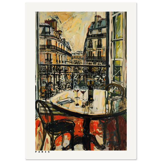 A vibrant painting of a Parisian balcony with a round wooden table set for two, featuring wine glasses, books, and a bottle of wine, overlooking elegant city buildings at sunset.