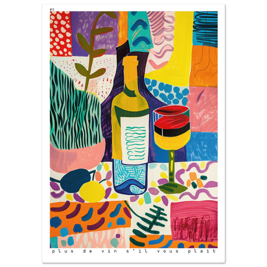 A vibrant, abstract painting featuring a wine bottle and glass surrounded by colorful patterns, plants, and bold geometric shapes in bright tones.
