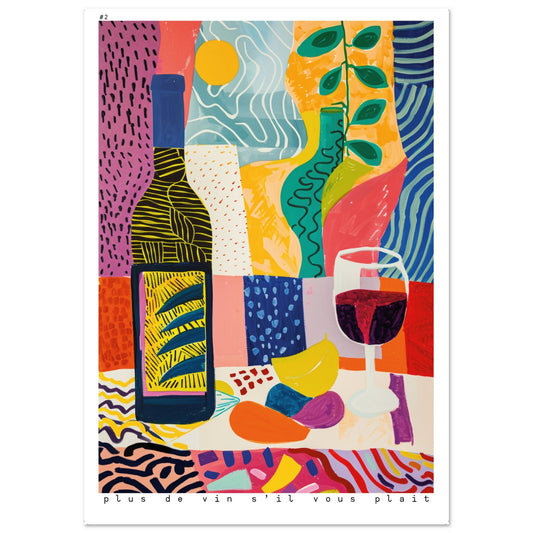 A colorful abstract composition featuring a wine bottle, glass of red wine, and fruit set against a lively patchwork of geometric and organic shapes.