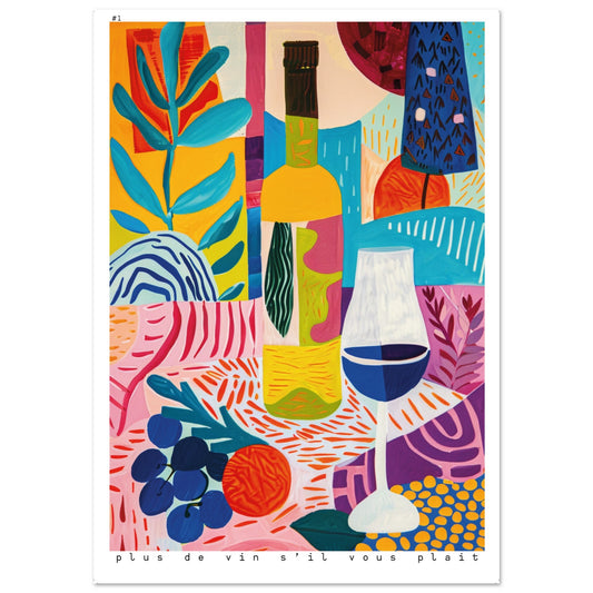 A colorful abstract artwork featuring a wine bottle, glass, grapes, and leaves in a vivid composition of blues, yellows, pinks, and oranges.