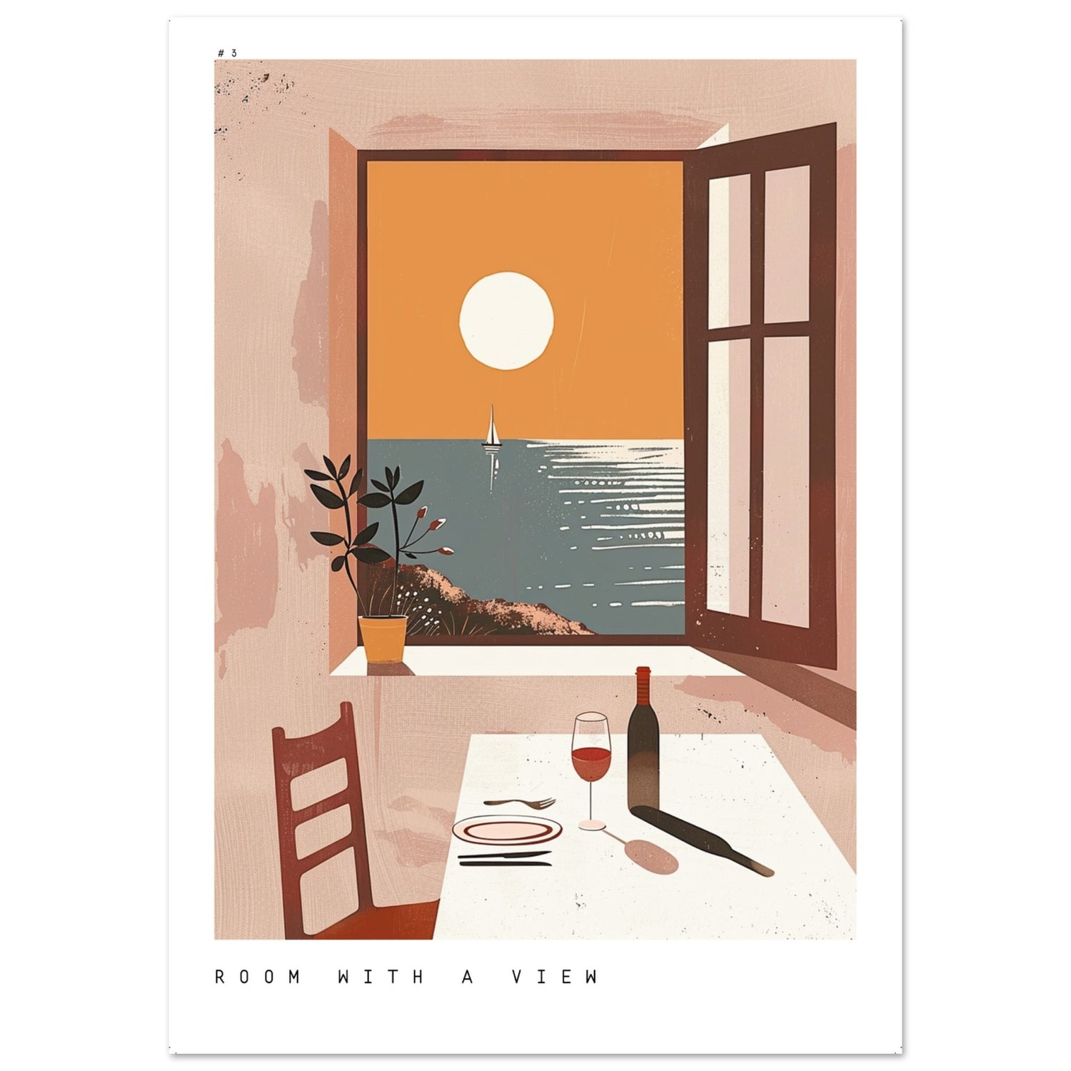 A minimalist artwork showing a table set with wine and glass beside an open window overlooking the sea at sunset, with a sailboat on the horizon.