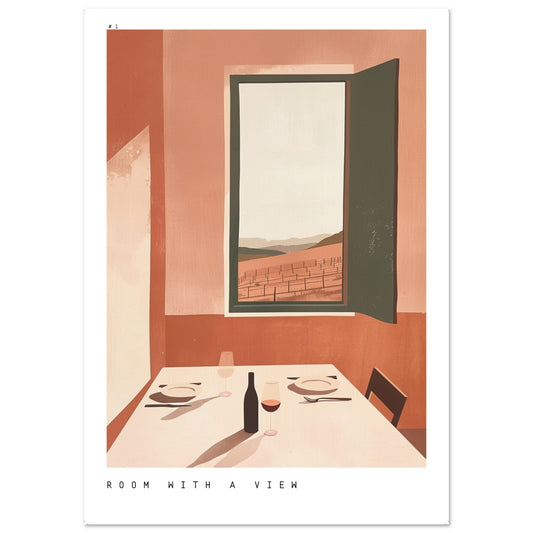 A minimalist illustration of a sunlit dining table set with wine and glasses, looking out an open window toward rolling vineyard hills in warm earthy tones.