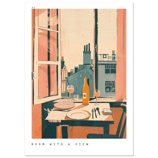 A warm-toned illustration of a cozy dining table set with wine and glasses beside an open window overlooking charming city rooftops.