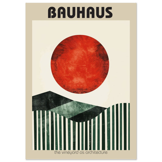 A Bauhaus-inspired poster featuring geometric green vineyard stripes forming hills beneath a large textured red sun, with bold typography reading “Bauhaus.”