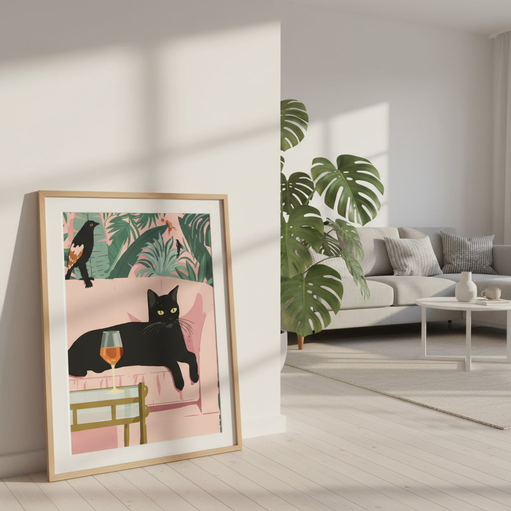 Framed tropical black cat poster art leaning against a white wall in a bright living room with green plants and pink tones, modern home decor styling.