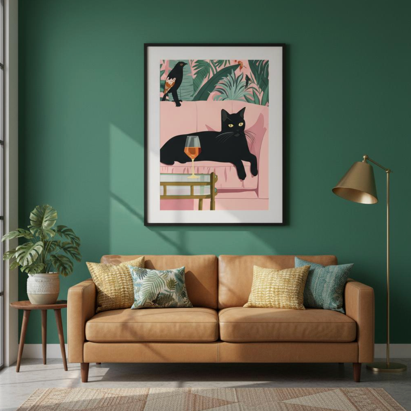 Framed black cat poster on a green wall above a tan sofa with tropical plants and gold lamp, stylish modern living room wall art.