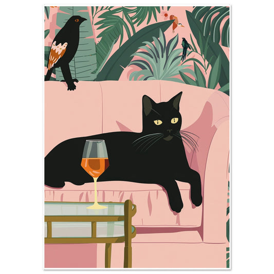 Modern wall art poster of a black cat lounging on a pink sofa with a glass of wine and tropical leaves in the background. Stylish, playful design for living room or kitchen decor.