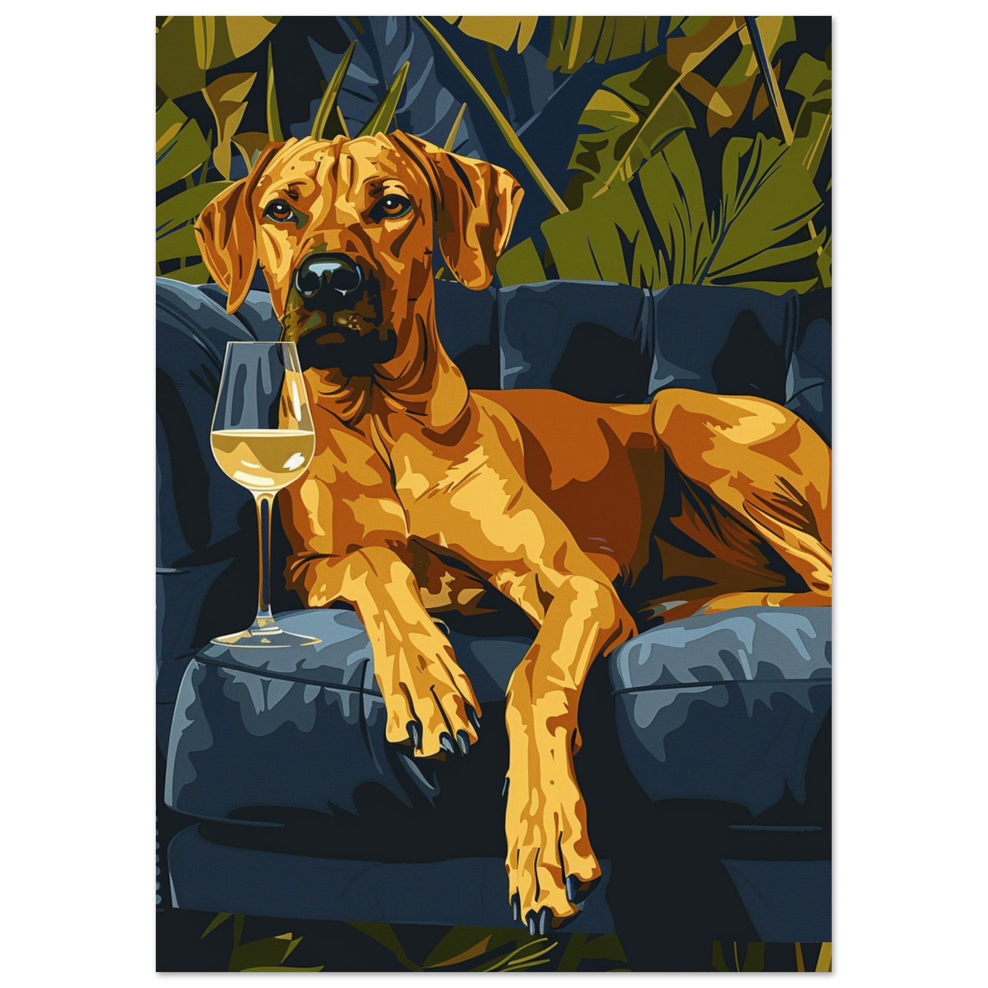 Modern tropical wall art of a brown dog relaxing on a blue sofa with a glass of white wine, surrounded by lush tropical leaves.