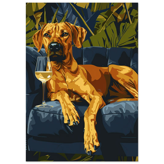 Modern tropical wall art of a brown dog relaxing on a blue sofa with a glass of white wine, surrounded by lush tropical leaves.