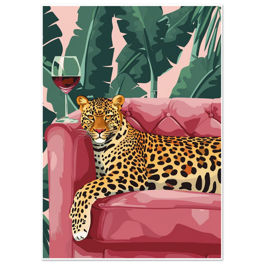 Modern tropical wall art of a leopard lounging on a pink sofa with a glass of red wine beside it, surrounded by lush green tropical leaves.