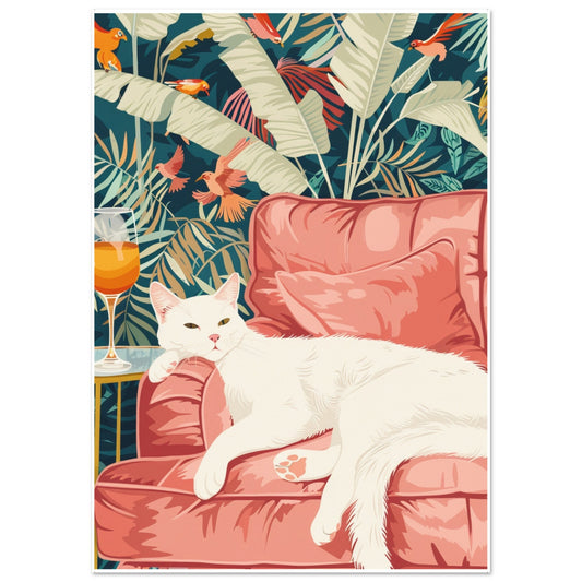 Modern tropical wall art of a white cat lounging on a pink sofa with a glass of golden wine beside it, surrounded by vibrant tropical birds and lush leaves.