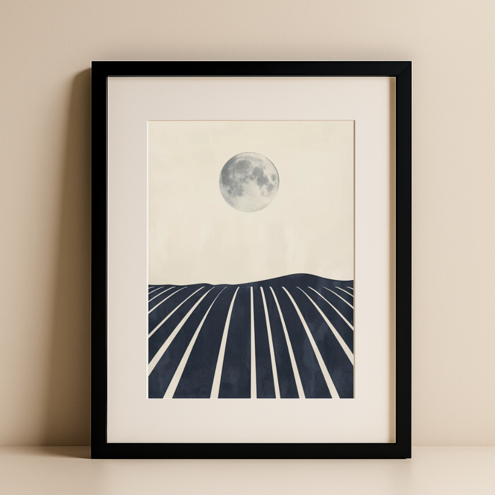 Midnight Vineyard – Minimalist Moonlit Landscape Wall Art