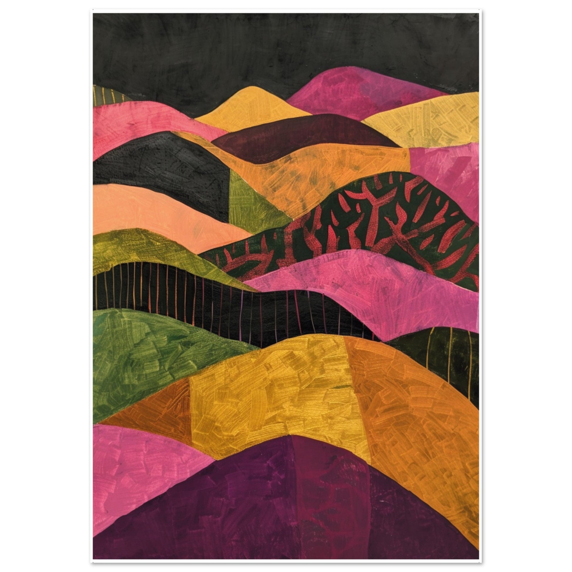 An abstract landscape painting featuring layered, colourful hills in shades of gold, pink, green, and purple under a dark sky, using bold textures and geometric patterns.