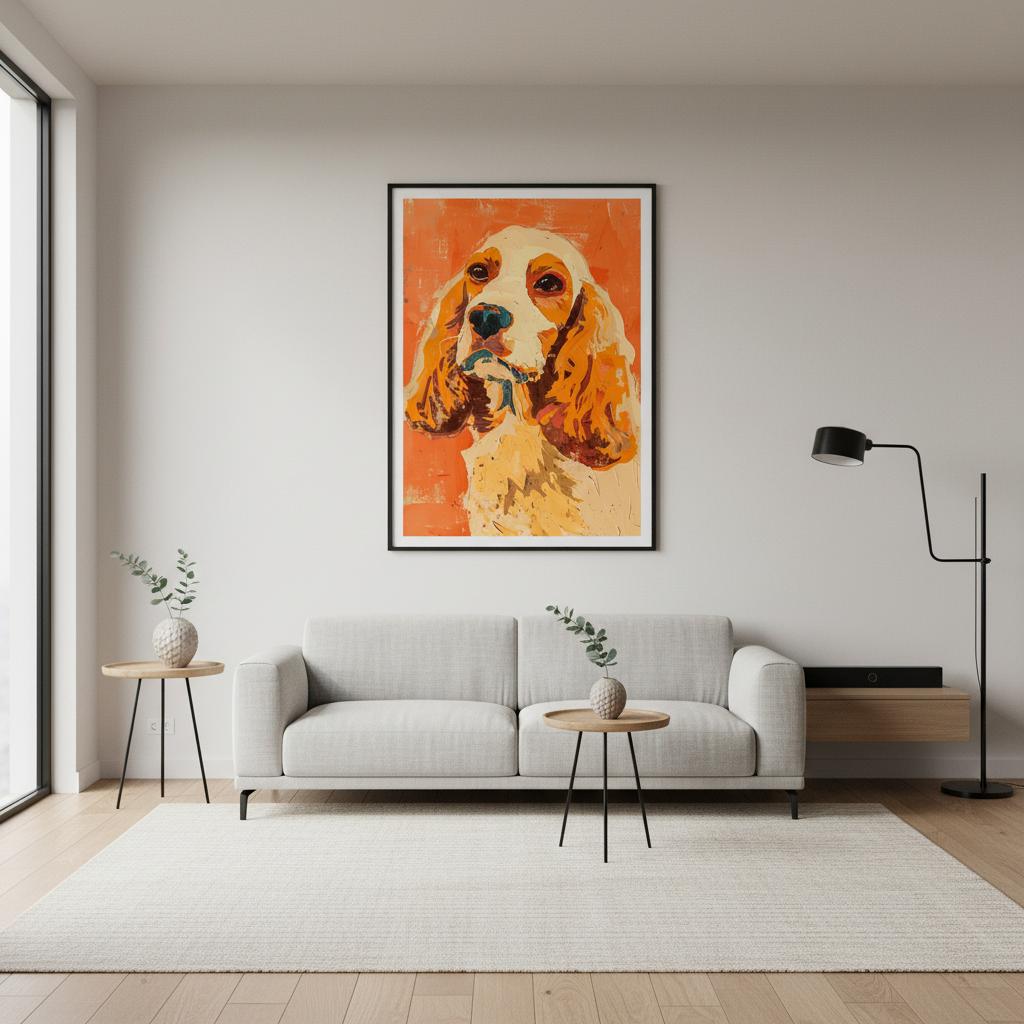 Amber Spaniel artwork framed above a minimalist bed in a bright bedroom. The vivid orange background and expressive brushwork contrast with clean, soft-toned furnishings. Gentle natural light enhances texture and colour, creating a warm, inviting atmosphere ideal for bedrooms, cosy reading corners, or modern interiors that celebrate art and personality.