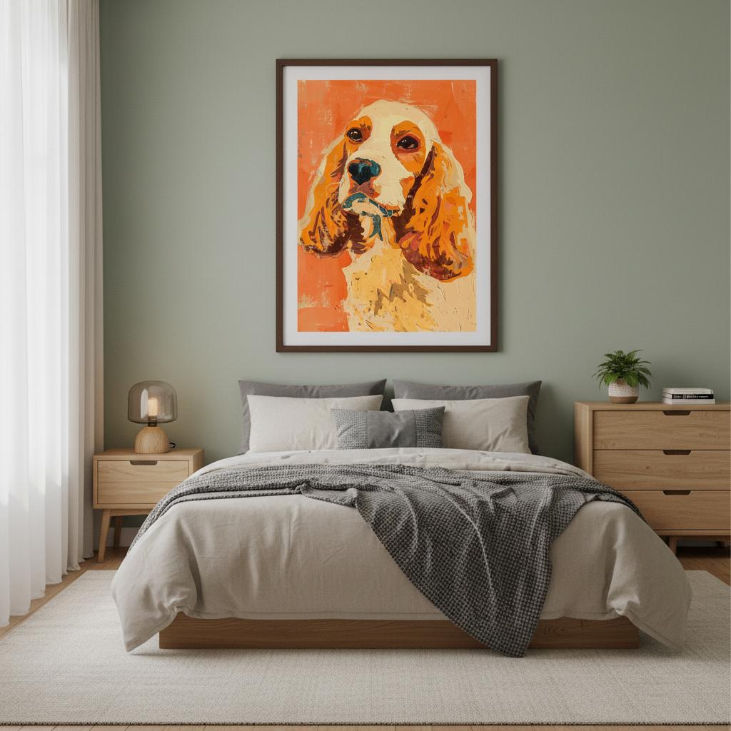 Framed Amber Spaniel portrait displayed in a warm, modern living room above a neutral sofa. The vivid amber and cream tones stand out beautifully against soft décor. Natural lighting highlights the expressive impasto brushstrokes, bringing warmth, charm, and personality to contemporary interiors, making the artwork a perfect focal point for stylish dog lovers.