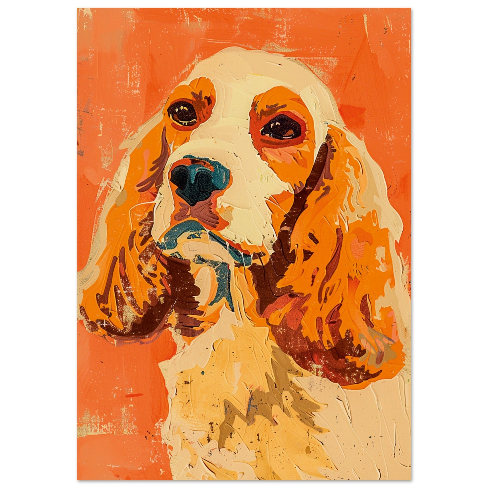 Modern dog portrait print of an amber spaniel painted in textured orange and cream tones with expressive brushstrokes and contemporary style.