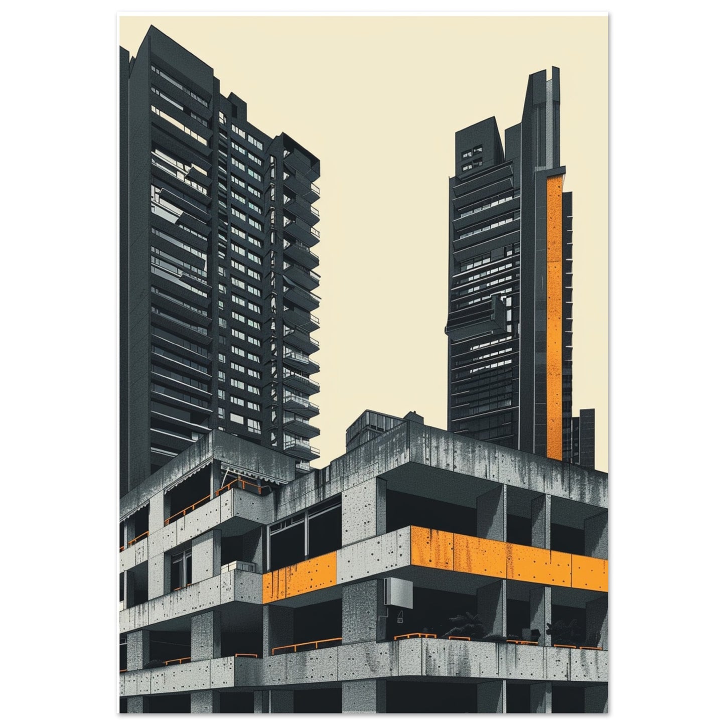Brutalist London architecture print featuring Barbican towers in grey concrete with bold orange highlights.
