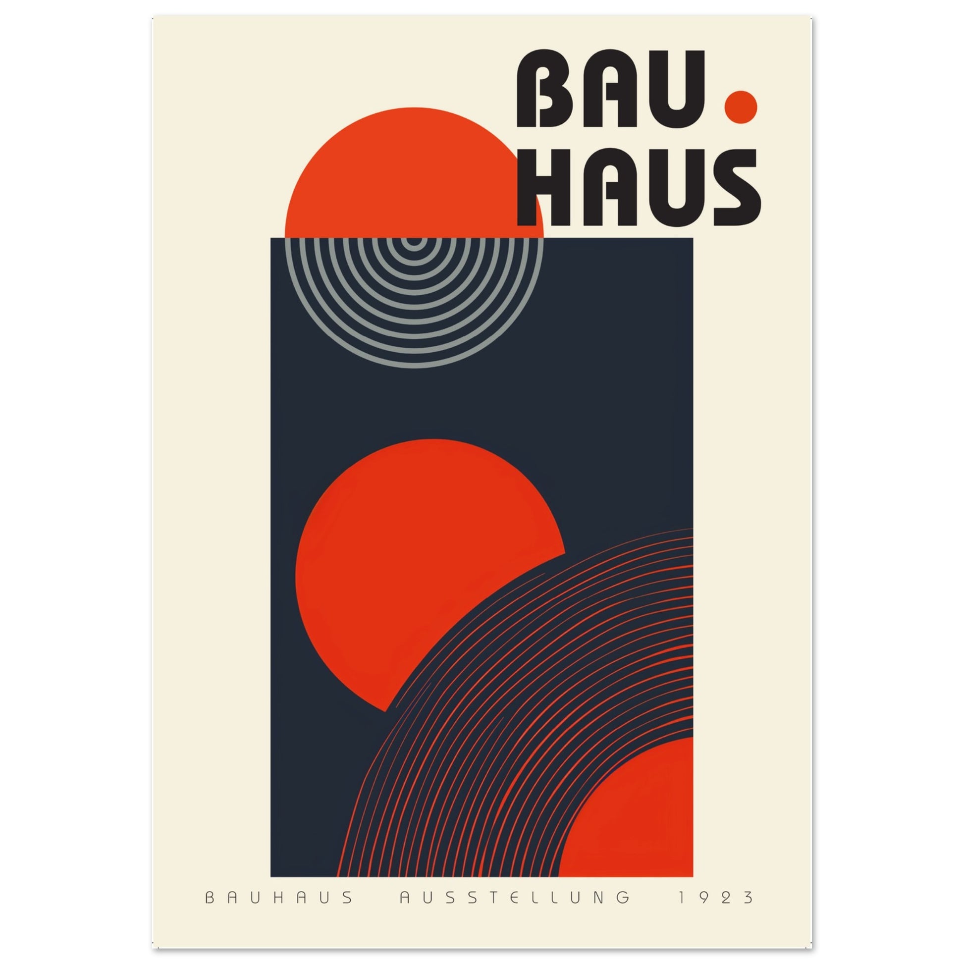 Minimalist Bauhaus poster with bold red circles and geometric forms, inspired by the 1923 Bauhaus exhibition design.