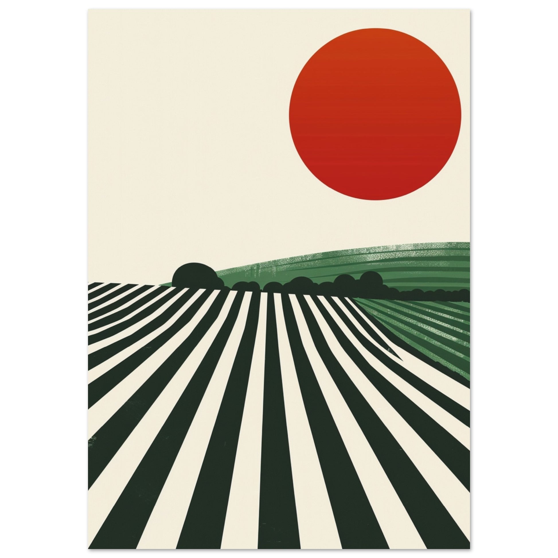 A minimalist Bauhaus-inspired artwork featuring green and black striped fields stretching toward the horizon beneath a large red sun on a cream background.