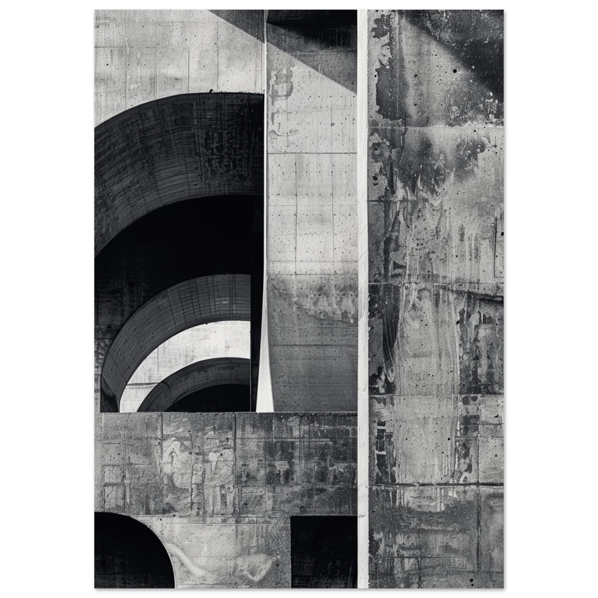Monochrome Brutalist wall art poster depicting layered concrete arches and geometric depth, showcasing the structure and elegance of modern architecture.