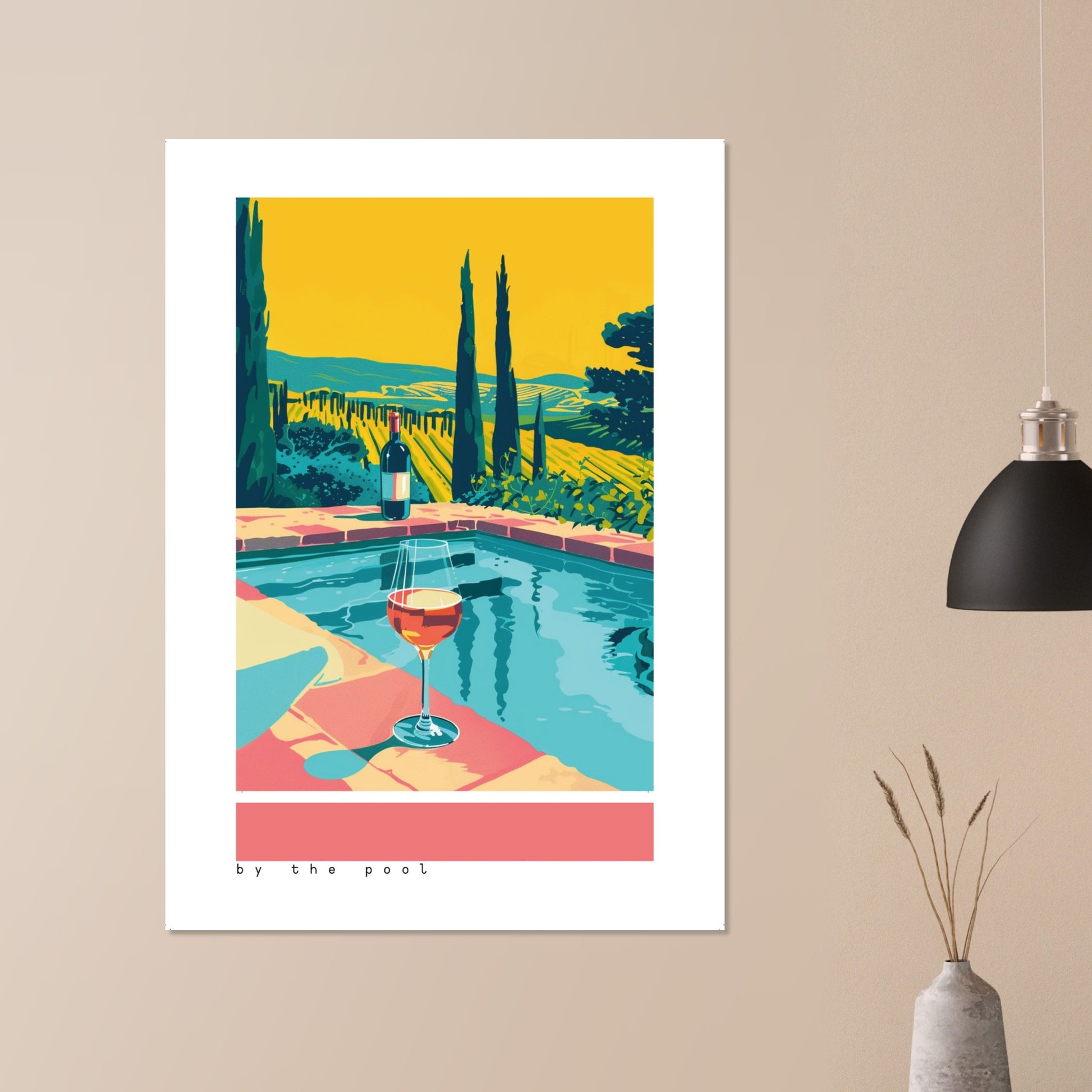 By the Pool print hung above a minimalist bedroom bed, showcasing a vibrant Tuscan landscape with a pool, vineyards, and warm sunset tones. Soft shadows and clean décor highlight the artwork’s bold colours and graphic style. A refreshing Mediterranean focal point that enhances bedrooms, guest rooms, or serene modern spaces.