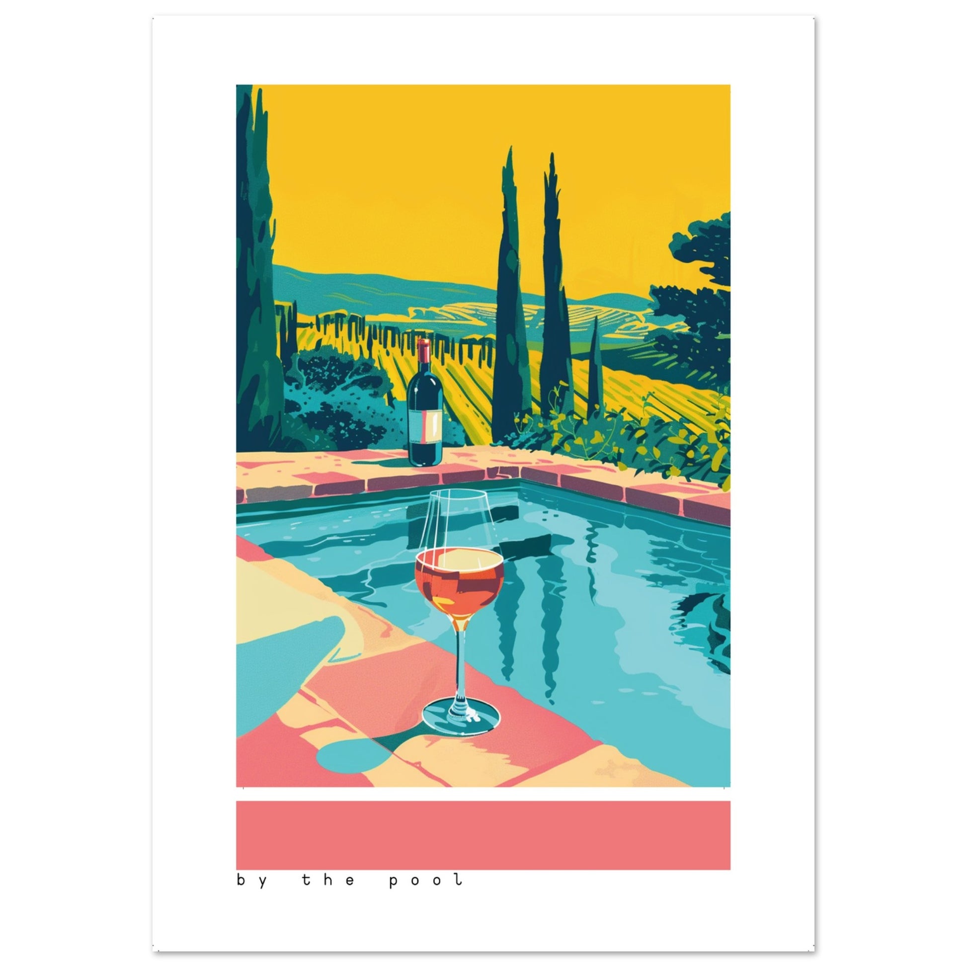 A minimalist illustration of a poolside scene with a glass of wine in the foreground, a wine bottle near the pool, and a scenic vineyard landscape in the background under a golden sky.