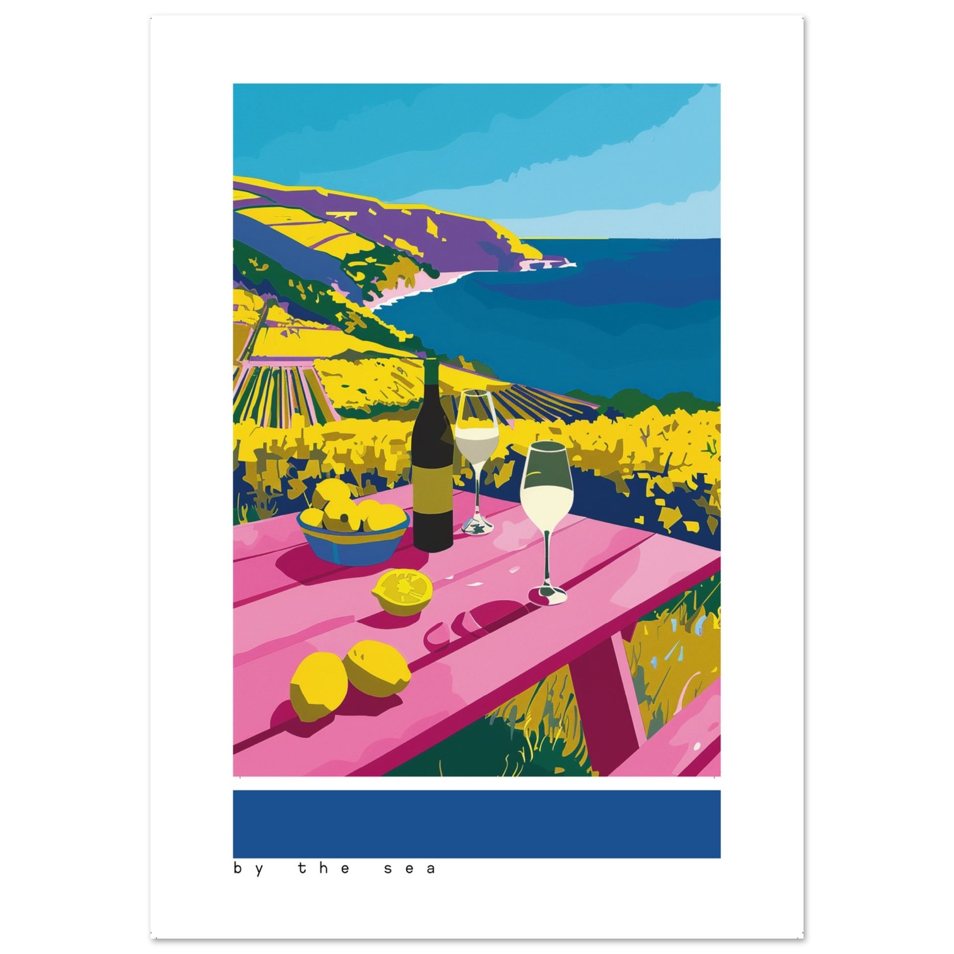 A vibrant coastal scene featuring a pink picnic table with wine glasses, a wine bottle, and lemons overlooking yellow vineyard fields and a deep blue sea.