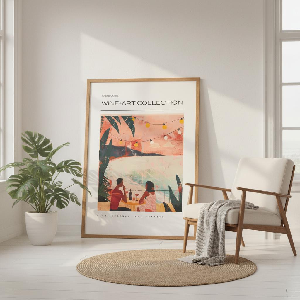 Coastal Sunset print hung in a cosy bedroom, showing a couple enjoying wine by the sea beneath vibrant pink-orange sunset tones. String lights create a warm evening glow. The framed artwork adds a relaxed vacation mood, blending beautifully with soft linens and natural textures, ideal for coastal-inspired or romantic interior spaces.