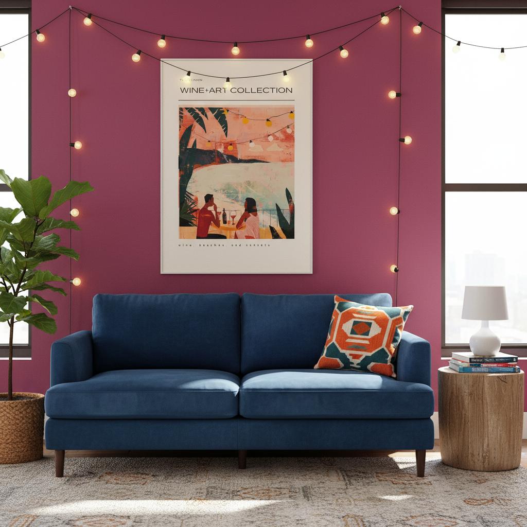 Framed Coastal Sunset artwork displayed in a warm living room setting. The scene features a couple sharing wine beside the ocean at sunset, with glowing string lights and lush tropical leaves. Soft lighting and neutral décor highlight the artwork’s pink and orange tones, creating a relaxed, romantic coastal atmosphere for modern interiors.