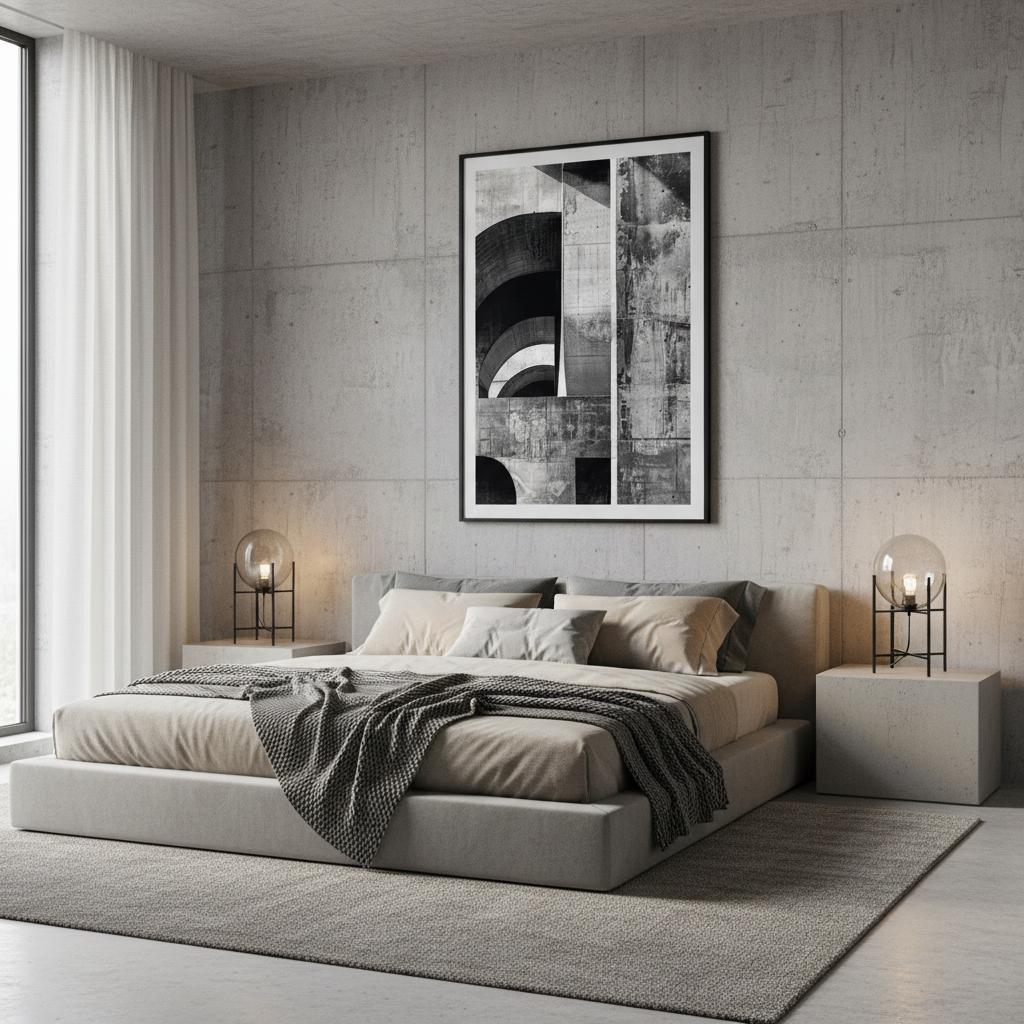 Brutalist Depths artwork hung above a minimalist bedroom bed, showcasing layered concrete forms, arches, and weathered surfaces. The black frame and white mount contrast with soft linens. Subtle daylight reveals texture and tonal depth, offering a refined, architectural statement for bedrooms, studies, or contemporary spaces that favour sculptural design elements.