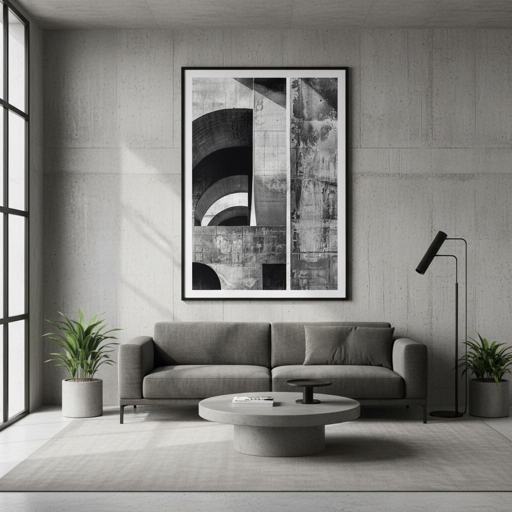Framed Brutalist Depths print displayed above a modern living room sofa with concrete textures and sculptural arches. The monochrome composition emphasizes geometry, shadow, and tonal contrast. Matte paper and soft natural light highlight surface detail, creating a minimalist, architectural focal point ideal for contemporary, industrial, or gallery-style interiors and sophistication.