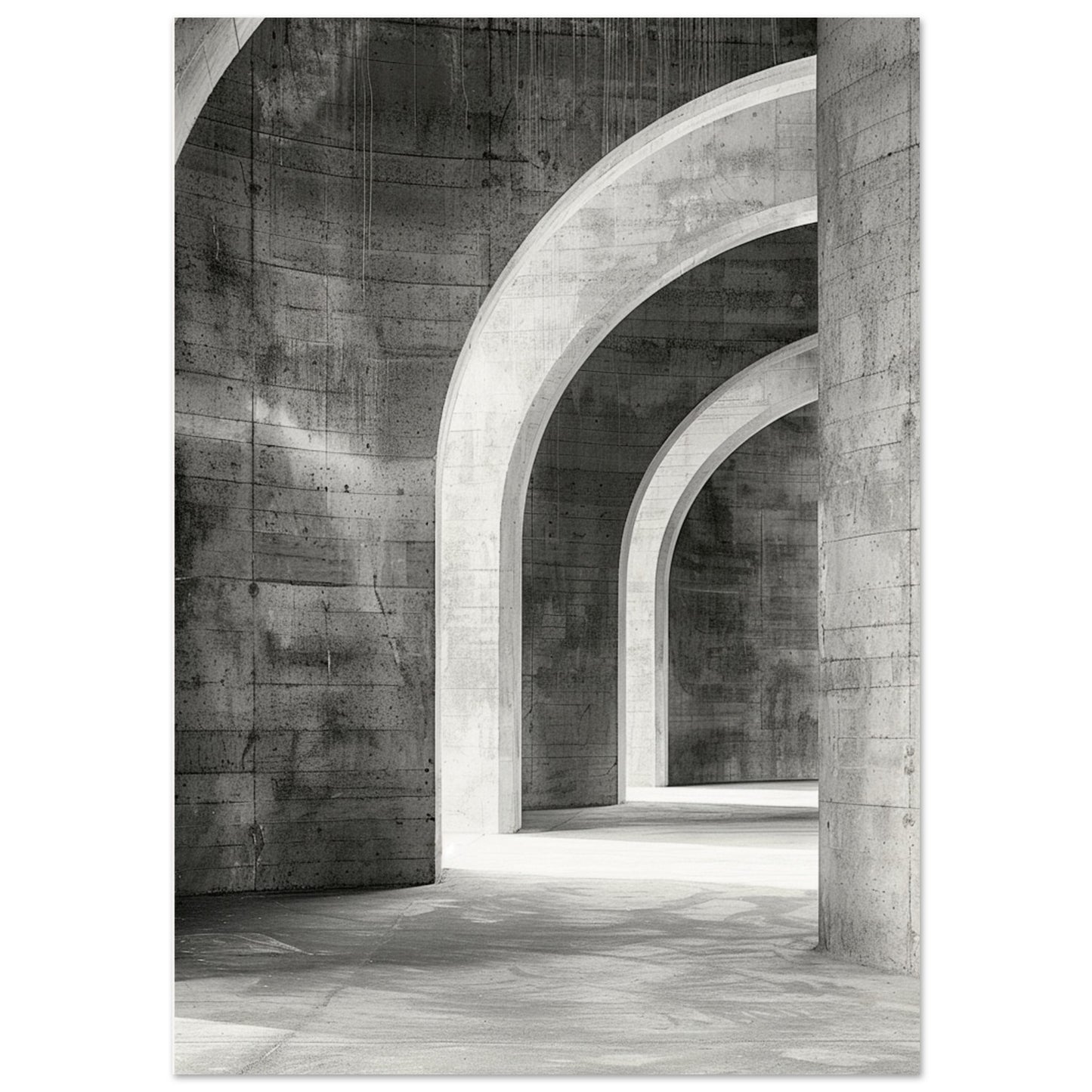 Monochrome Brutalist wall art print featuring concrete arches and geometric shadows, highlighting minimalist architecture and raw industrial design.