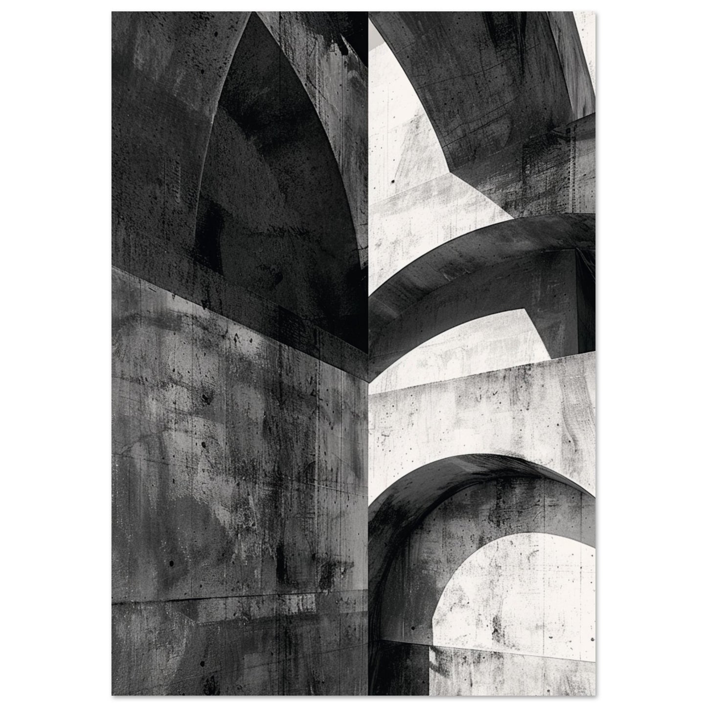 Black and white Brutalist wall art print showing intersecting concrete arches and geometric shadows, celebrating modern architecture and minimalist design.