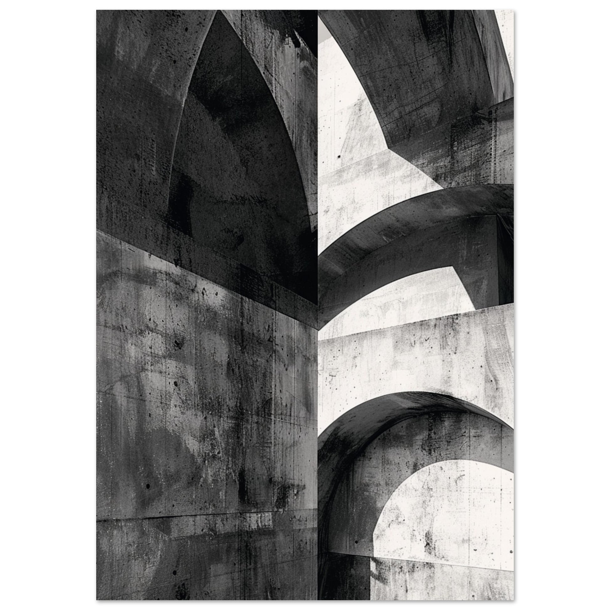Black and white Brutalist wall art print showing intersecting concrete arches and geometric shadows, celebrating modern architecture and minimalist design.