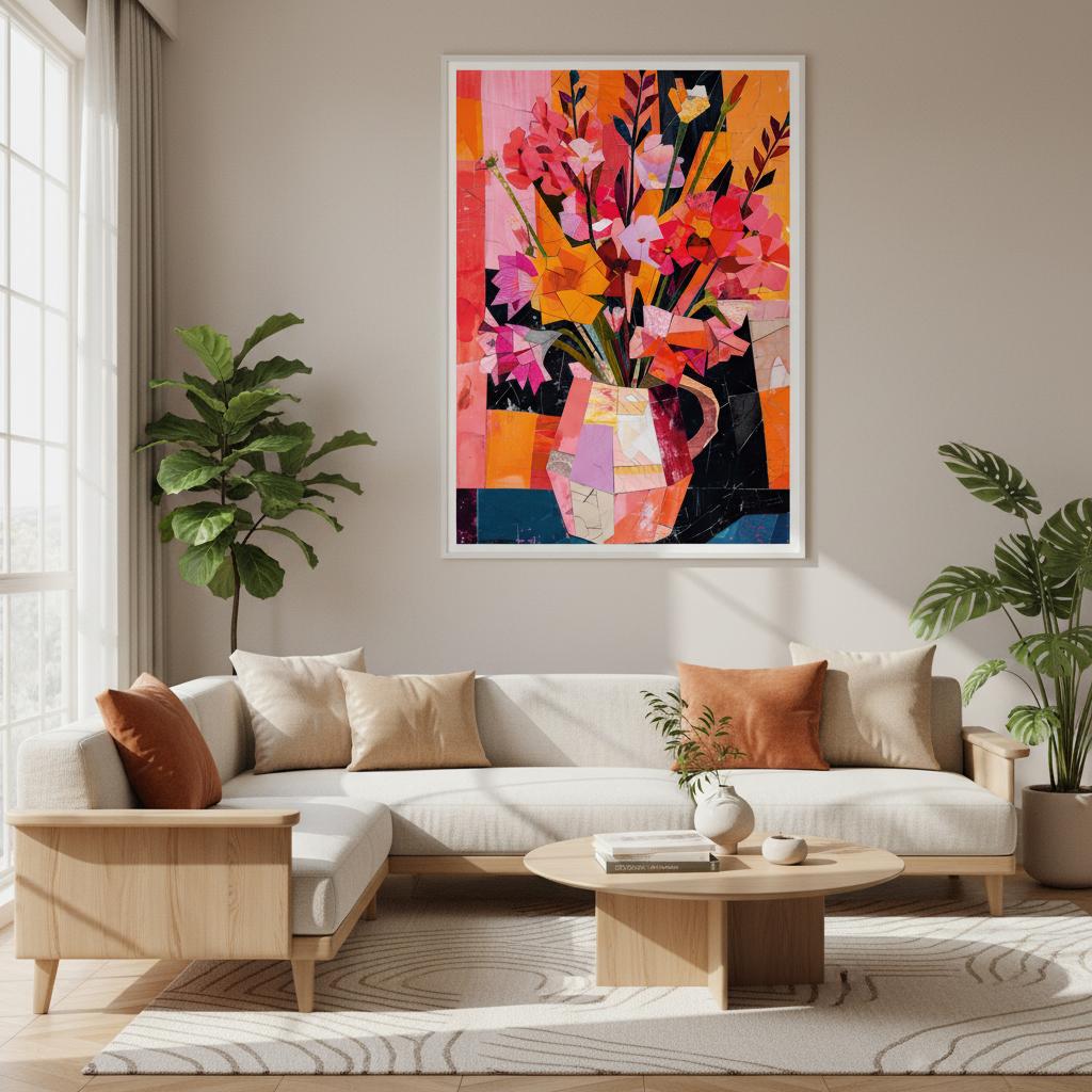 Crimson Vase print displayed above a minimalist bed, blending vibrant red, pink, and orange blooms with faceted geometric shapes. The artwork’s bold palette contrasts clean linens and soft lighting, adding warmth and artistic interest. Perfect for bedrooms, reading nooks, and modern interiors seeking an expressive yet elegant floral centrepiece.