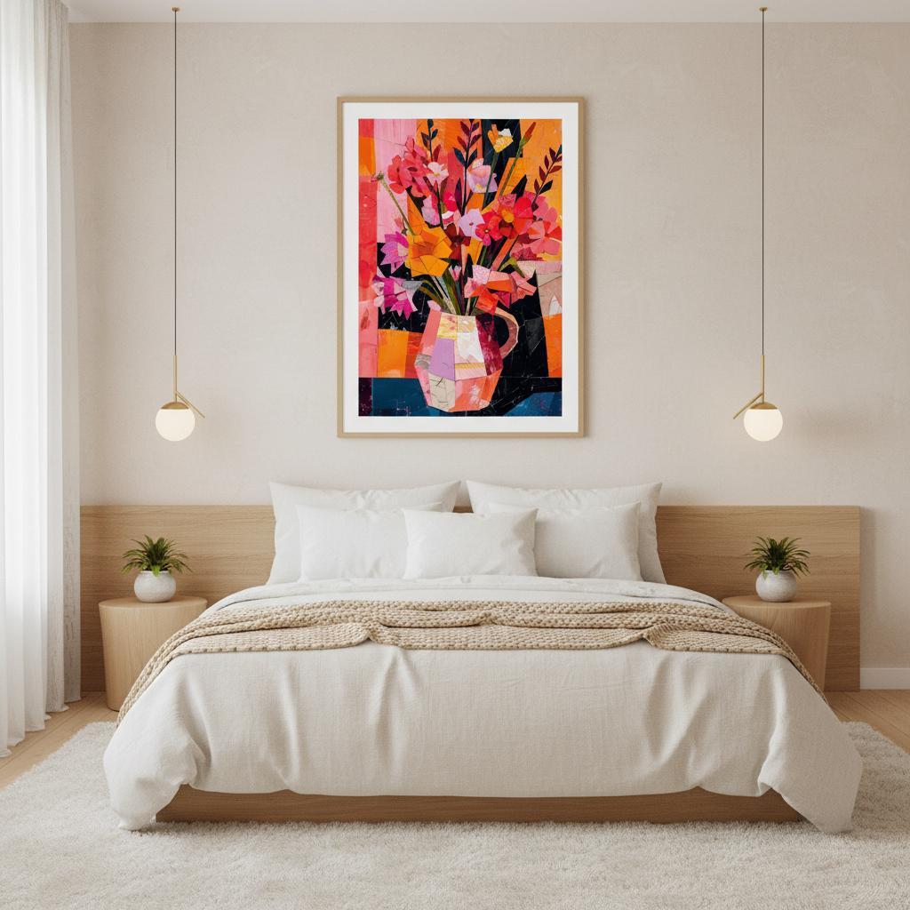 Framed Crimson Vase artwork above a warm-toned living room sofa. The vivid bouquet of red, pink, and orange blossoms contrasts beautifully with neutral décor. Soft natural light brings out layered textures and geometric elements, creating a bold, modern focal point ideal for contemporary interiors, creative studios, and expressive floral feature walls.