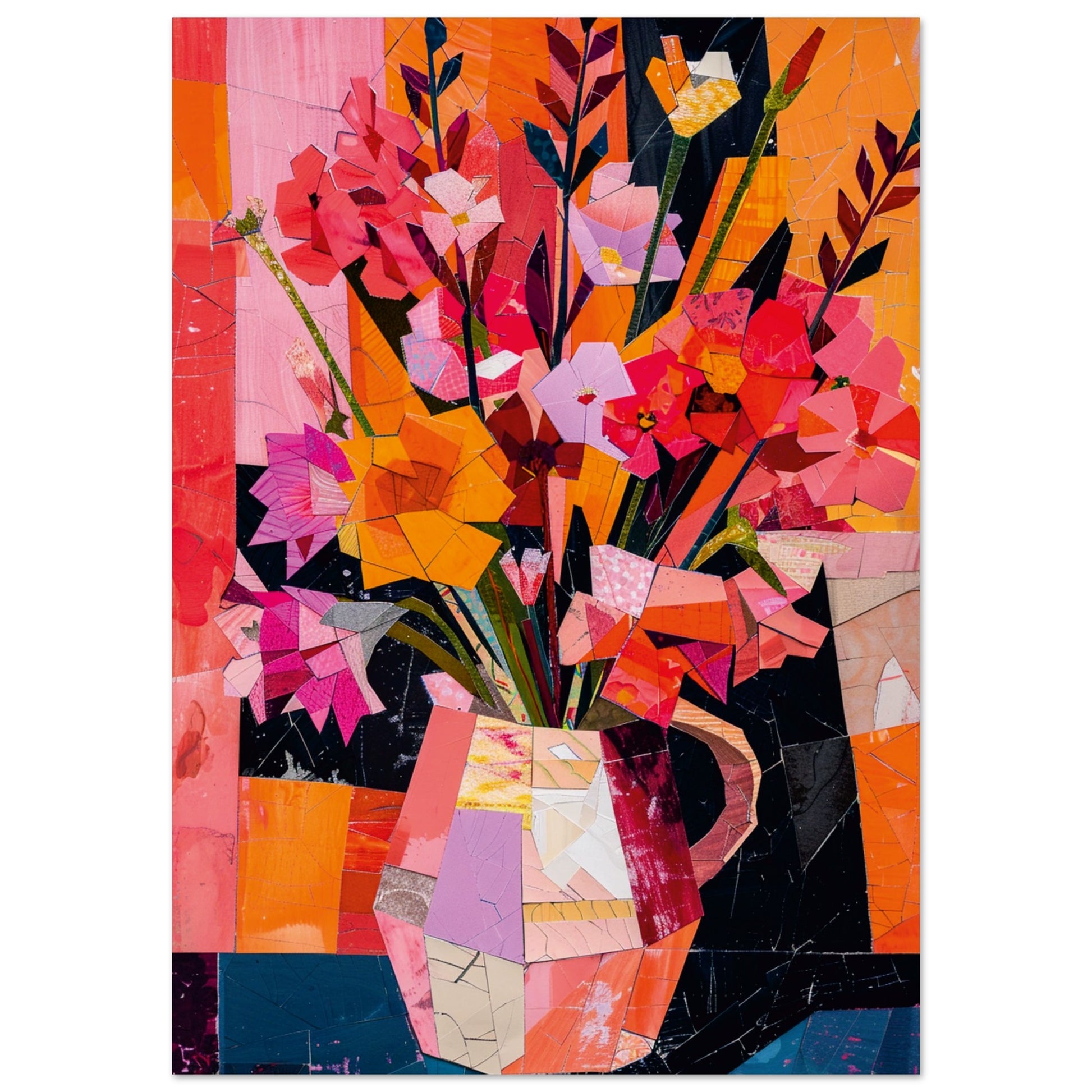 Abstract floral wall art featuring a vibrant bouquet of red, pink, and orange flowers in a geometric jug, blending collage textures and cubist design.