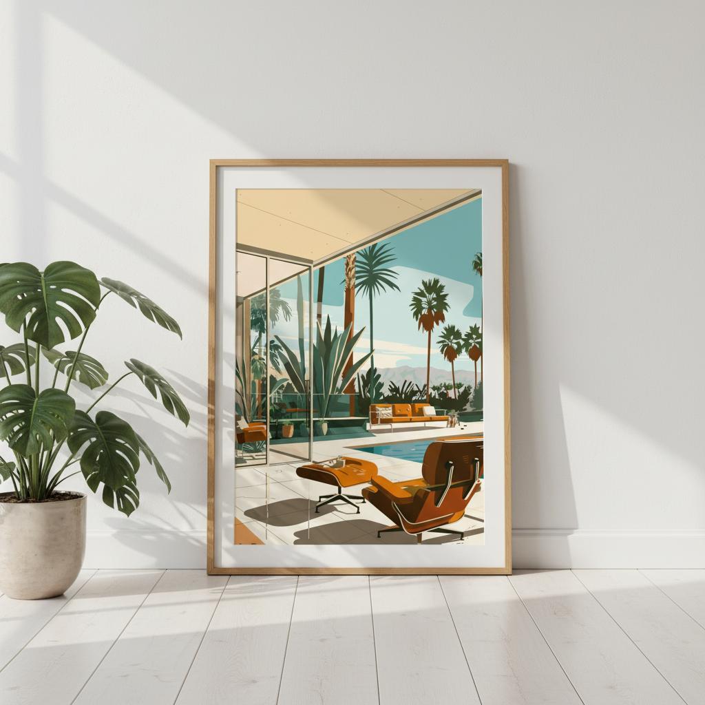 Desert Lounge View print hung above a minimalist bedroom bed, featuring a tranquil poolside scene with palm trees and warm desert tones. The artwork’s retro colour palette contrasts with neutral bedding. Gentle daylight reveals clean lines and depth, adding calm sophistication to bedrooms, reading corners, or California modern-inspired interiors.