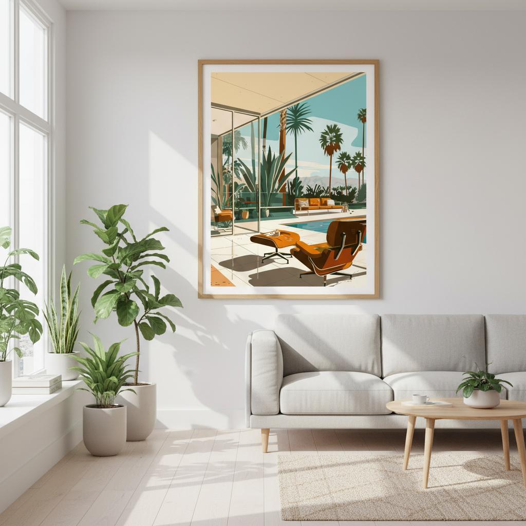 Framed Desert Lounge View artwork displayed in a warm, modern living room. The turquoise pool, terracotta tones, and palm trees create a sunny Palm Springs aesthetic. Soft natural lighting highlights the mid-century geometric design, making it a relaxed and stylish focal point for contemporary interiors, studios, and architecture-inspired spaces.