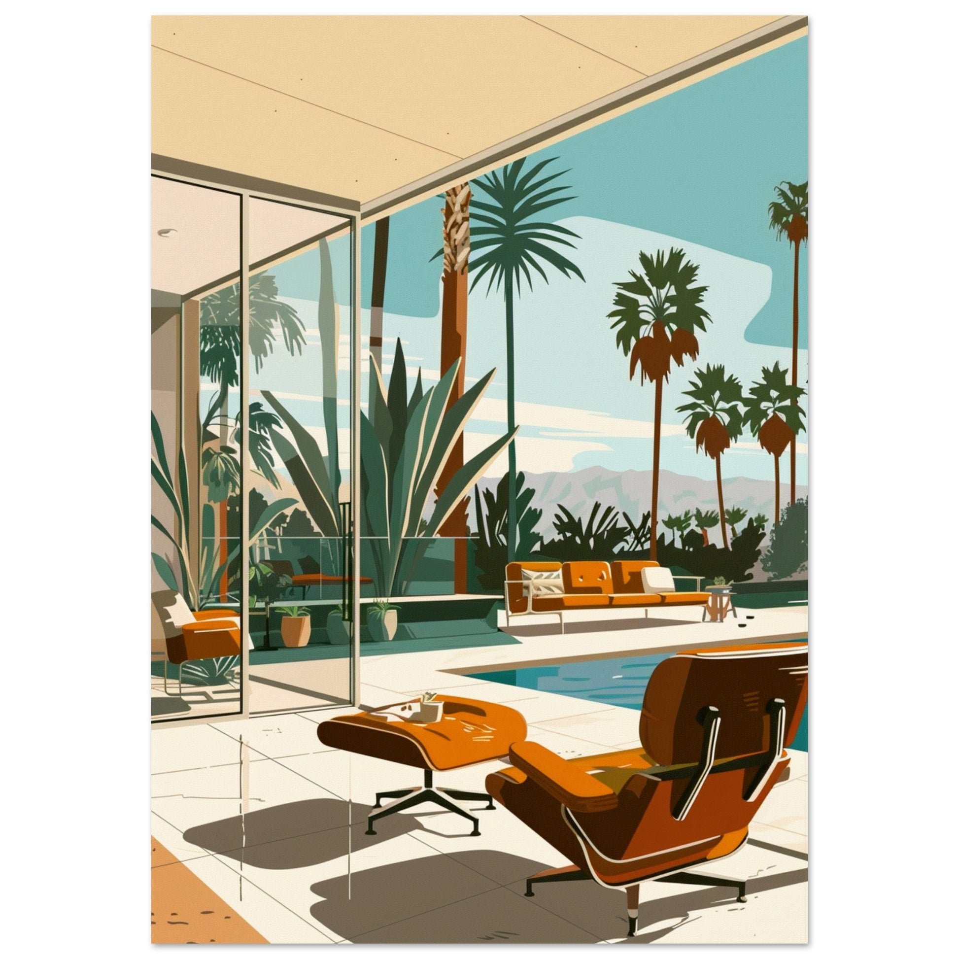 Palm Springs Mid-Century Modern art print showing a lounge chair, turquoise pool, and palm trees in warm desert light and geometric style.
