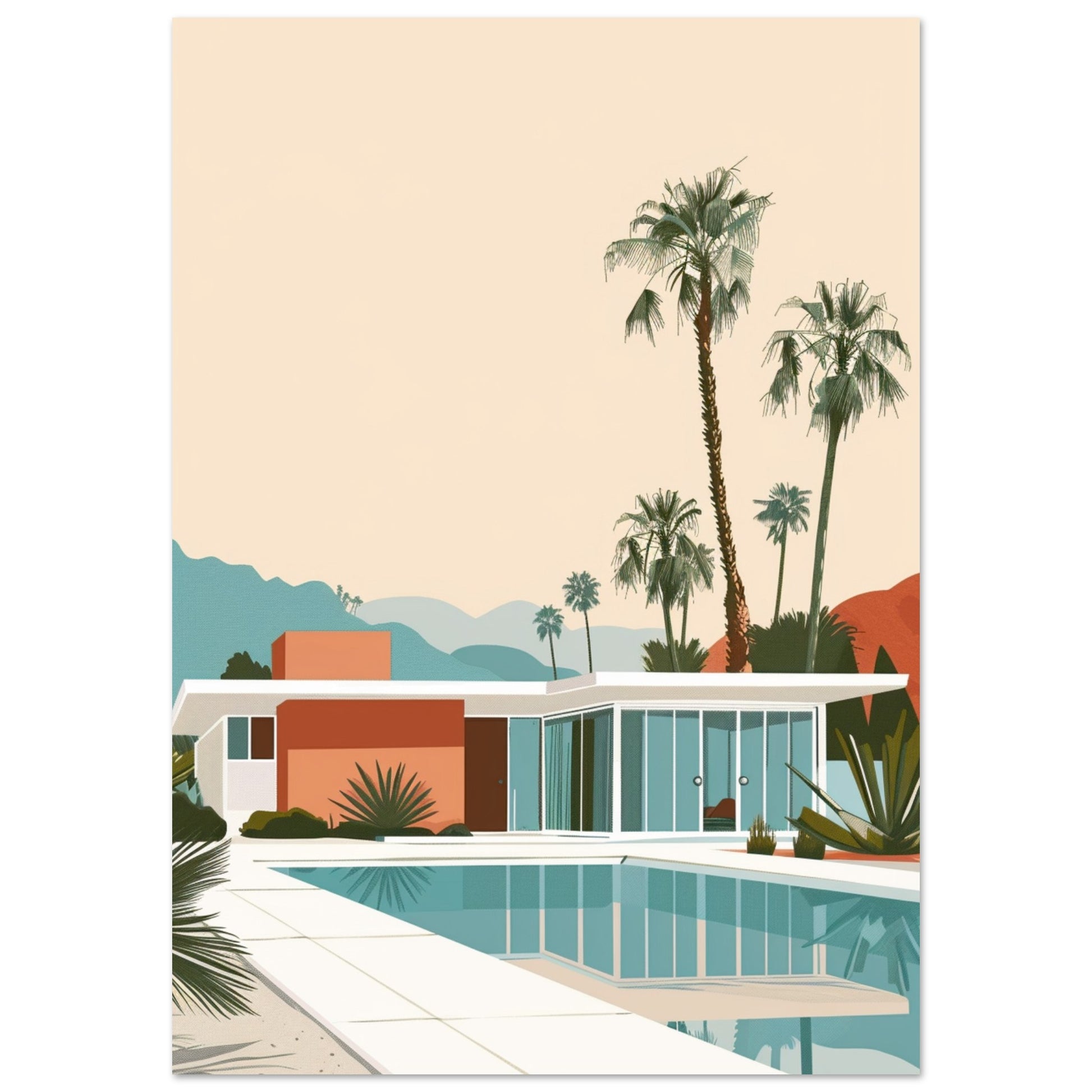Mid-Century Modern Palm Springs villa print featuring a turquoise pool, palm trees, and mountain backdrop in warm minimalist tones.