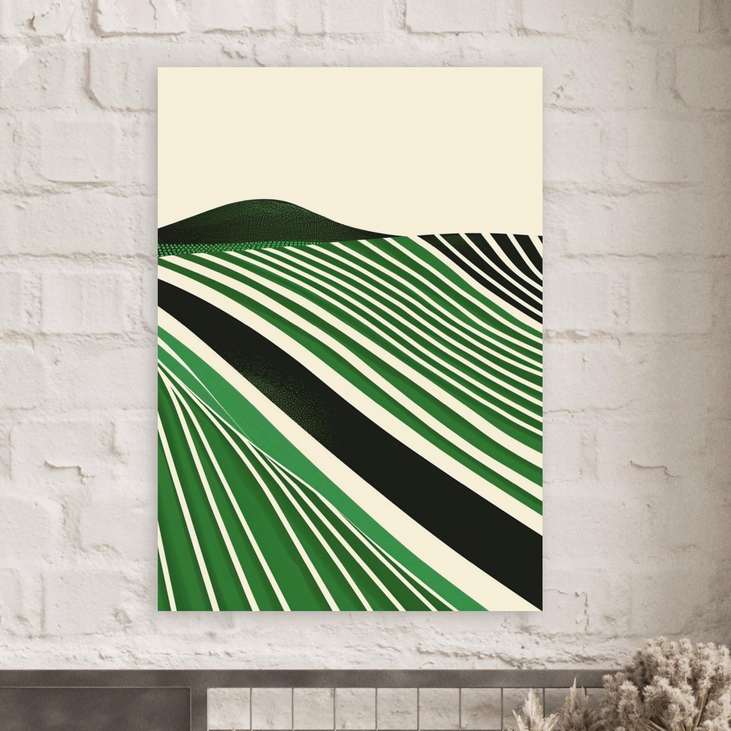 Framed Emerald Fields print displayed above a minimalist bedroom bed, featuring sweeping green and cream stripes suggesting cultivated hills. The clean geometric lines and soft matte finish create a calm focal point. Natural light reveals subtle texture, adding serenity and refined modern character to bedrooms, offices, or contemporary living spaces.