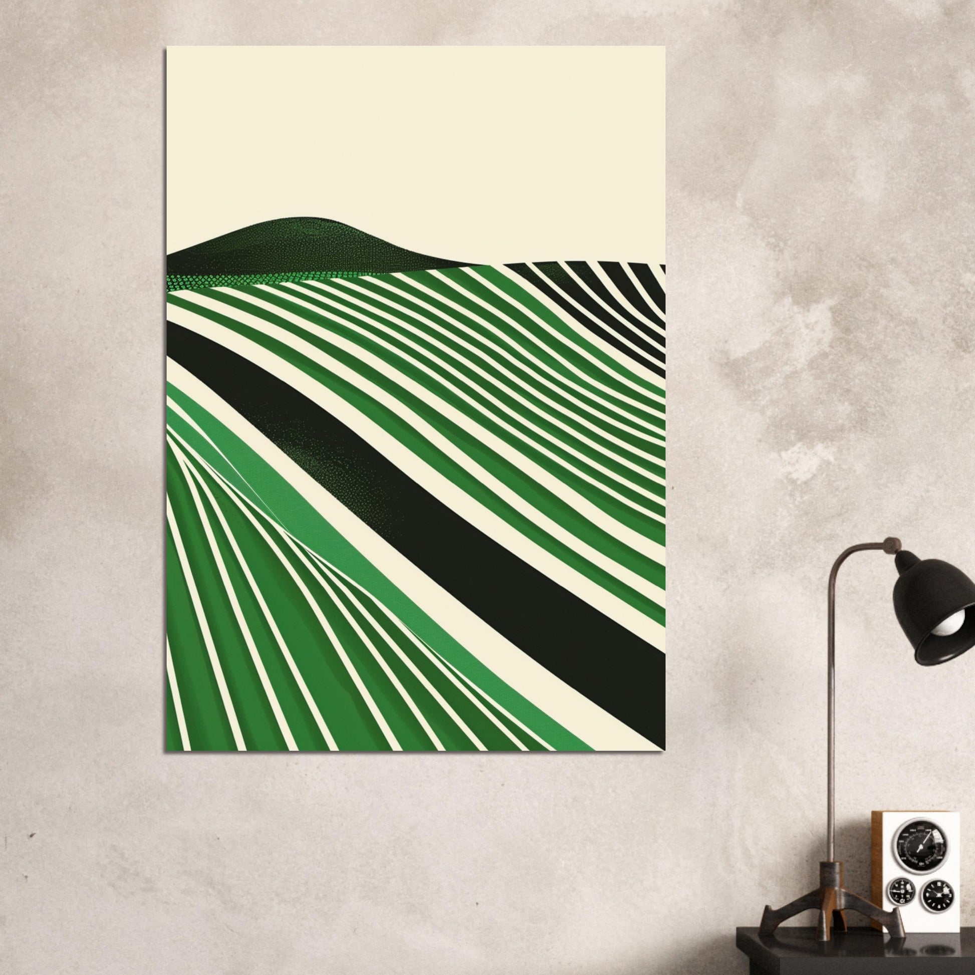 Emerald Fields artwork framed above a warm living room sofa, showcasing rhythmic green and cream bands that curve across the composition like rolling fields. Matte paper and framing emphasise minimalist symmetry while soft daylight enhances texture and tone. The print offers a tranquil focal point for lounges, studies, and offices.