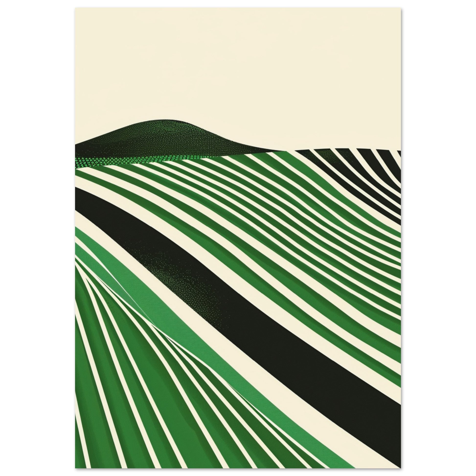 A Bauhaus-inspired geometric poster depicting stylized green and black stripes resembling vineyard rows across rolling hills under a pale sky.